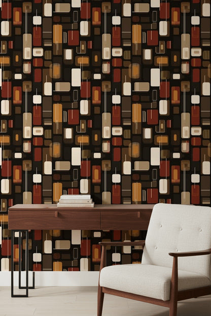 Retro Geometrik Duvar Kağıdı Kahverengi Turuncu Desenli Salon