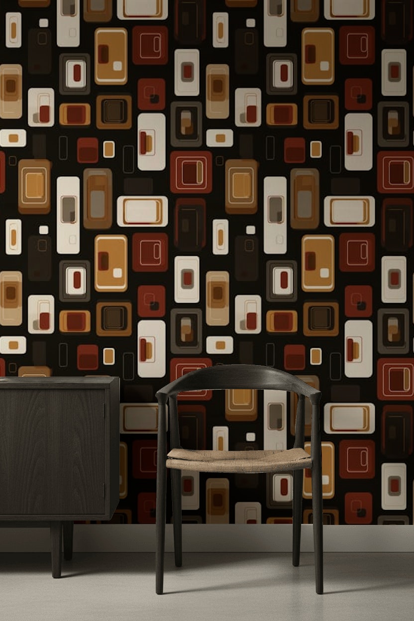 Retro Geometrik Duvar Kağıdı Kahverengi Bej Modern Desen