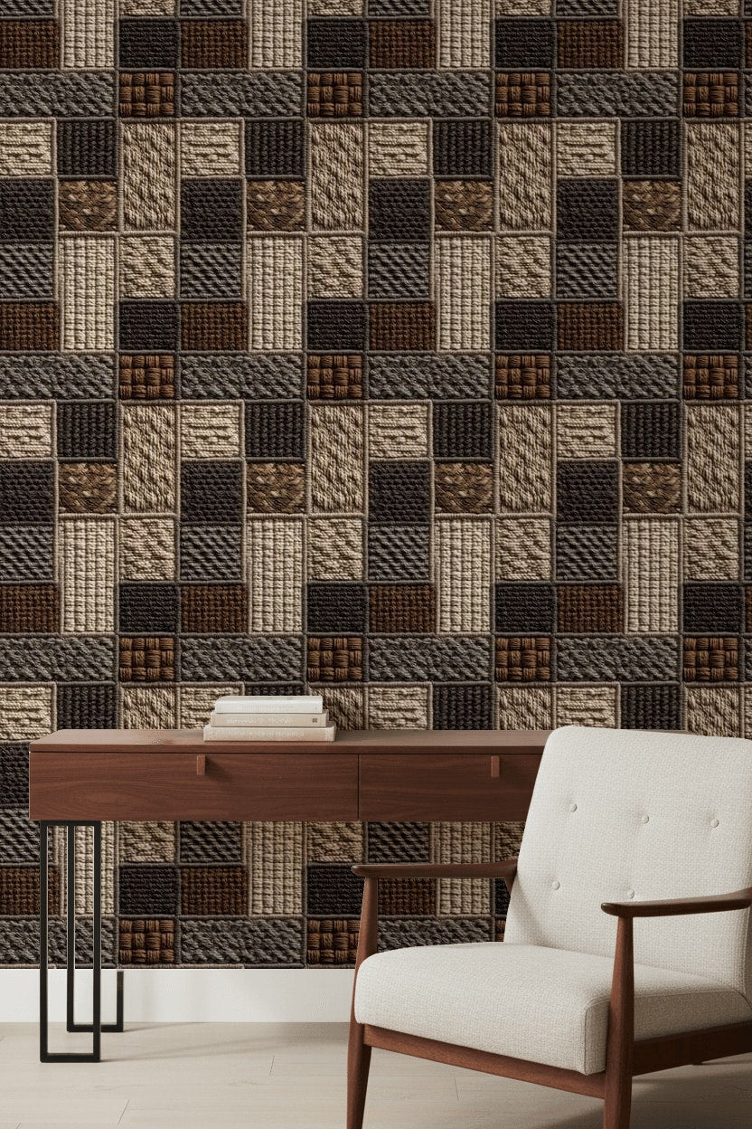 Kare Patchwork Desenli Duvar Kağıdı Bej Kahverengi Salon