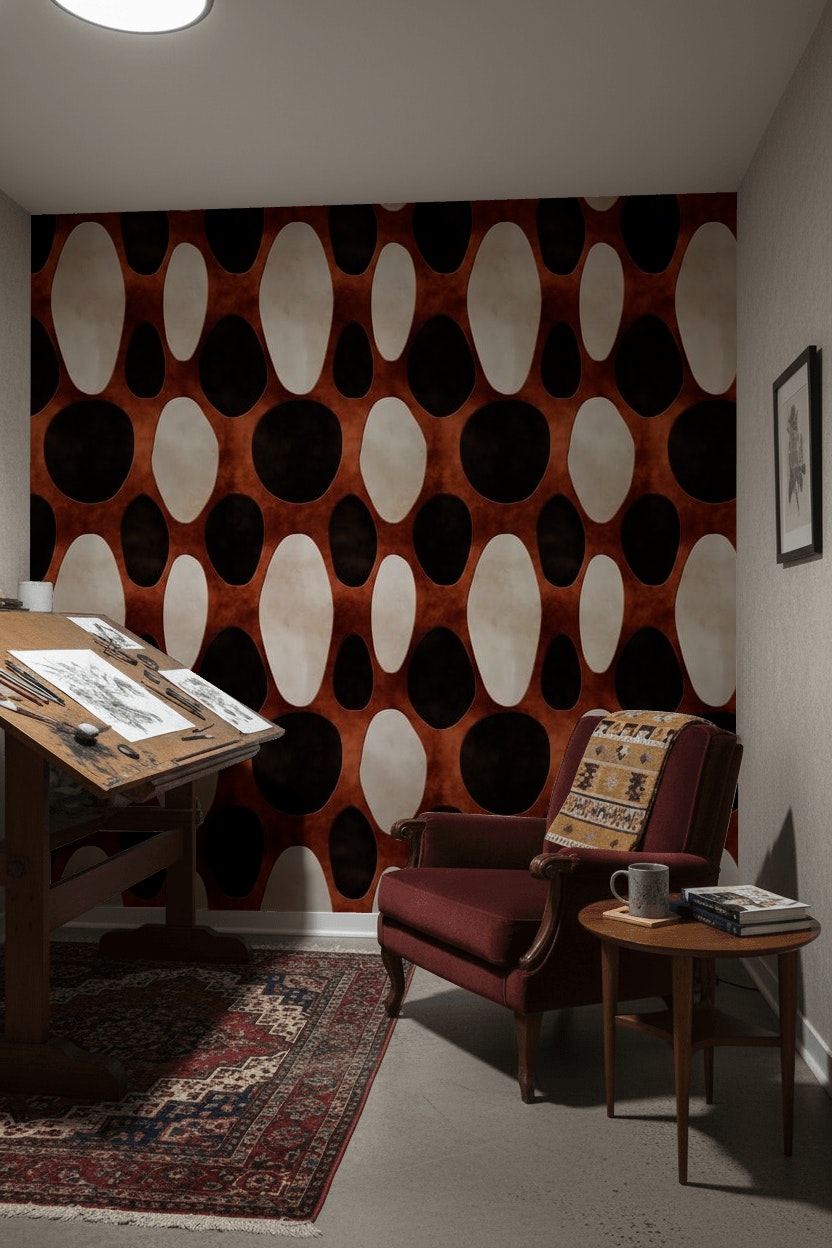 Retro Oval Desenli Duvar Kağıdı Kahverengi Siyah Salon