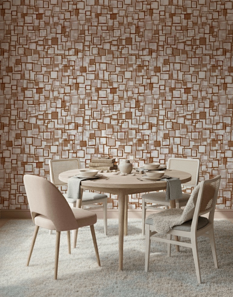 Geometrik Kare Desenli Duvar Kağıdı Kahverengi Krem Modern