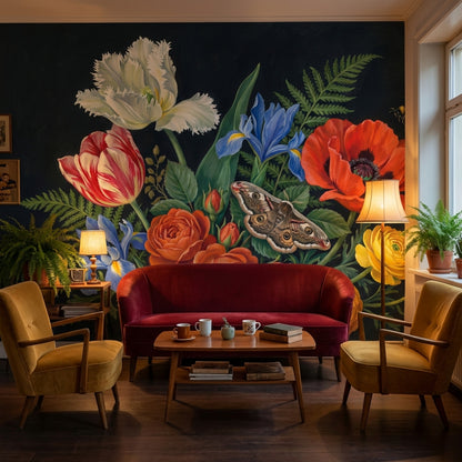 Siyah Zeminli Büyük Çiçekli Poster Duvar Kağıdı Salon