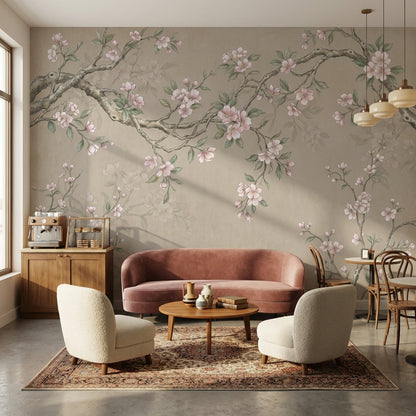 Sakura Çiçekli Dal Desenli Poster Duvar Kağıdı Bej Salon