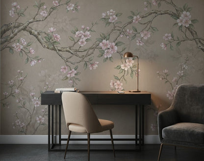 Sakura Çiçekli Dal Desenli Poster Duvar Kağıdı Bej Salon