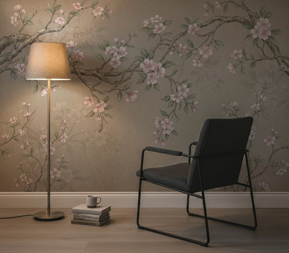Sakura Çiçekli Dal Desenli Poster Duvar Kağıdı Bej Salon