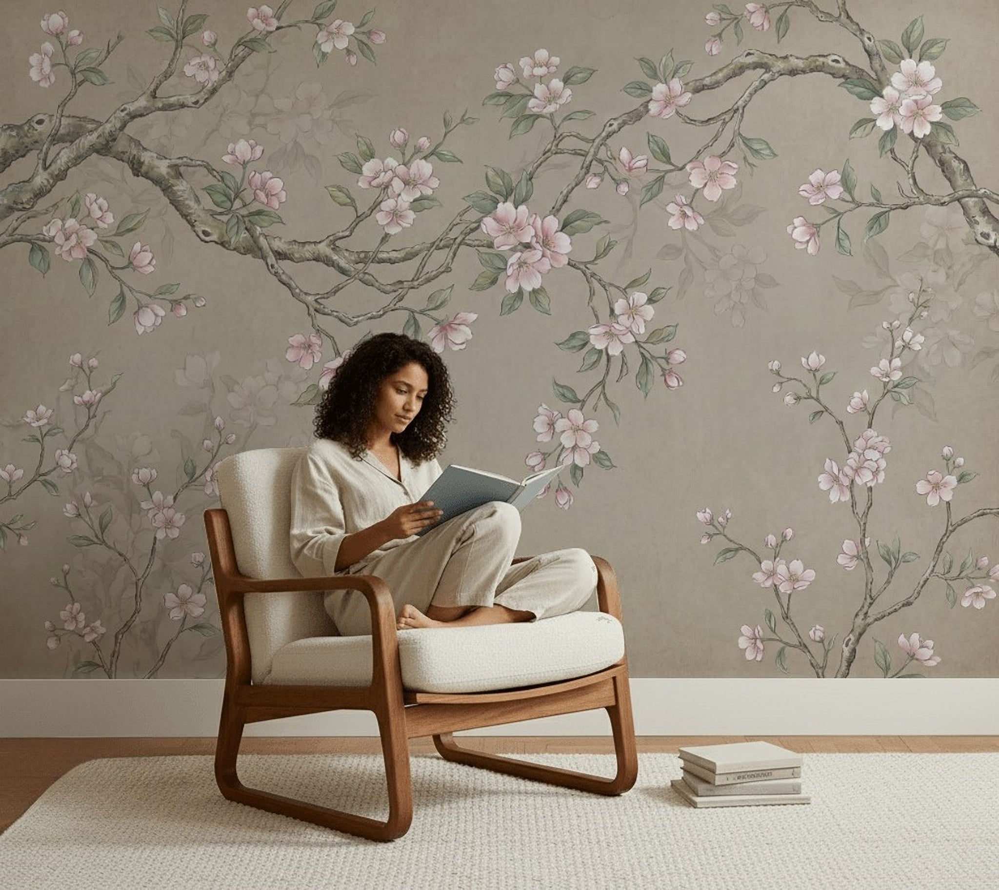 Sakura Çiçekli Dal Desenli Poster Duvar Kağıdı Bej Salon