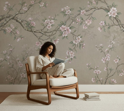 Sakura Çiçekli Dal Desenli Poster Duvar Kağıdı Bej Salon