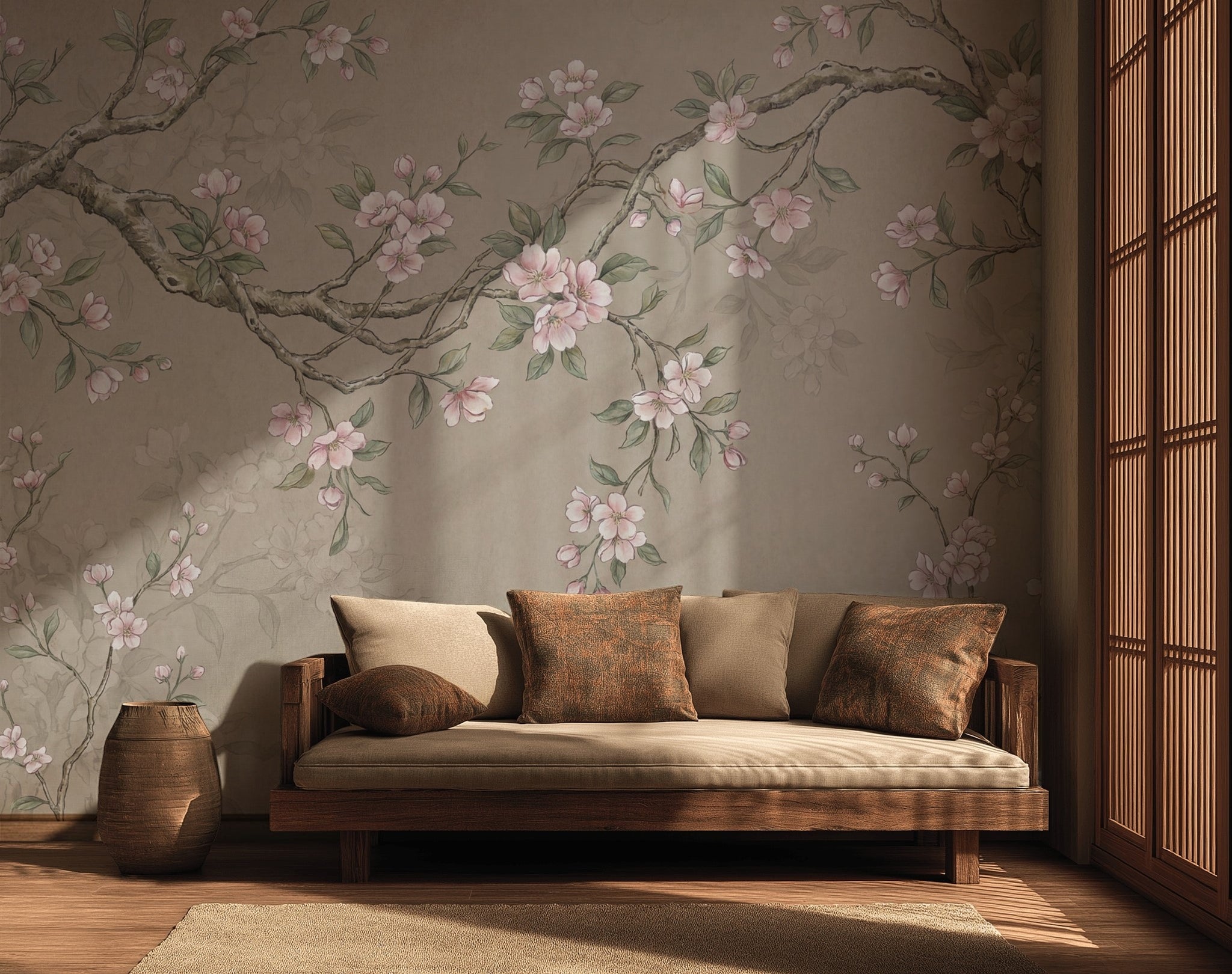 Sakura Çiçekli Dal Desenli Poster Duvar Kağıdı Bej Salon