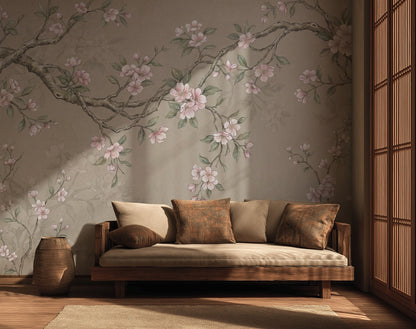 Sakura Çiçekli Dal Desenli Poster Duvar Kağıdı Bej Salon