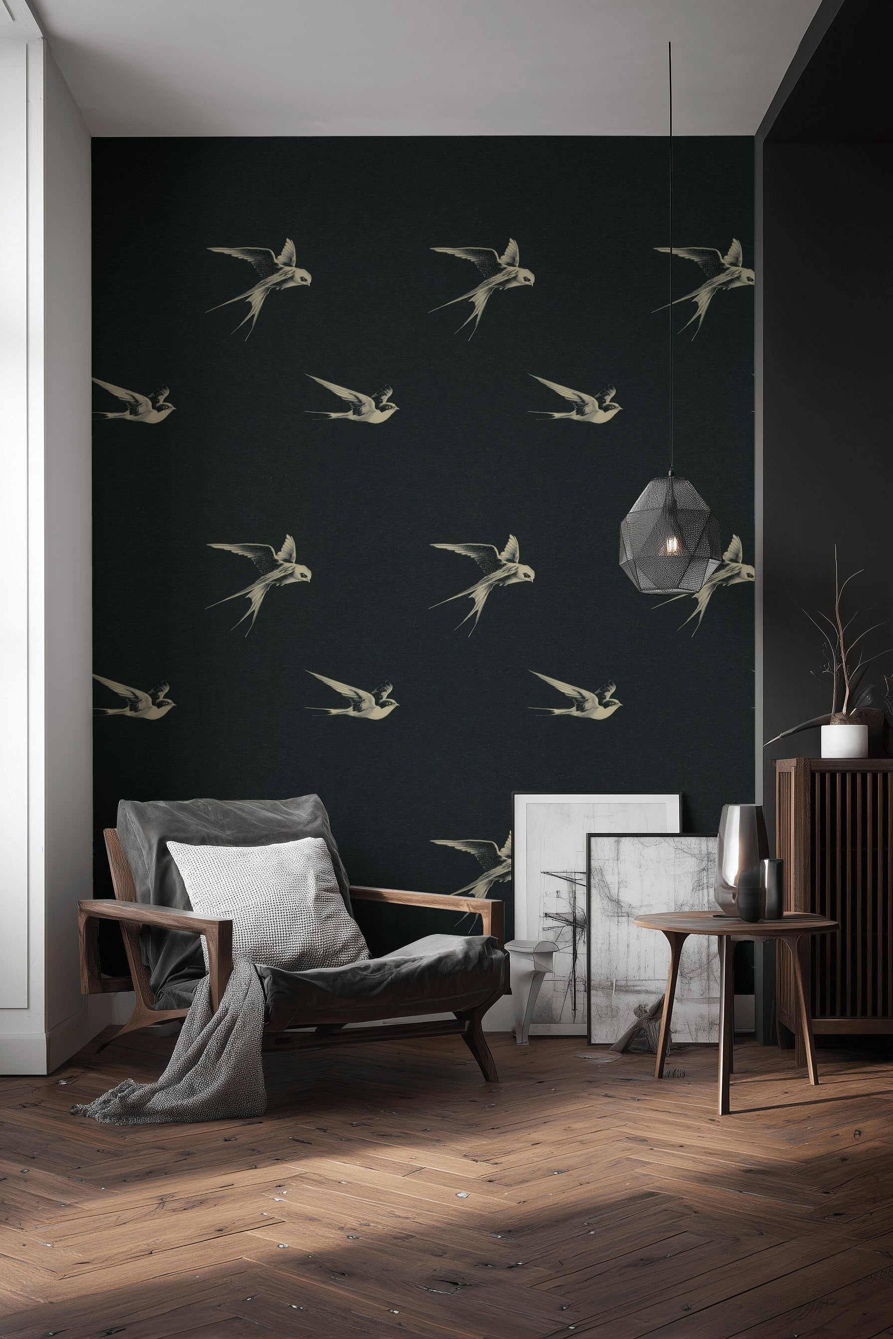 Uçan Kuş Desenli Duvar Kağıdı Siyah Modern Salon