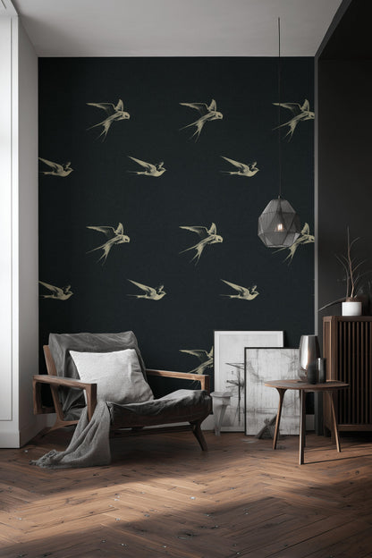 Uçan Kuş Desenli Duvar Kağıdı Siyah Modern Salon