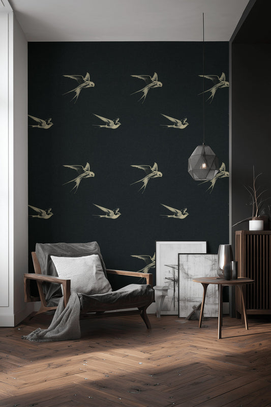 Uçan Kuş Desenli Duvar Kağıdı Siyah Modern Salon