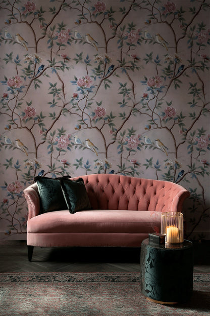 Kuşlu Çiçekli Duvar Kağıdı Pudra Zemin Salon Deseni