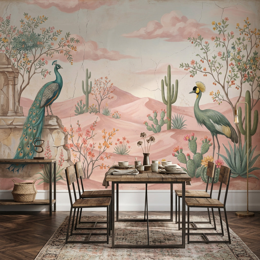 Tavus Kuşlu Çöl Manzarası Poster Duvar Kağıdı Pastel Salon