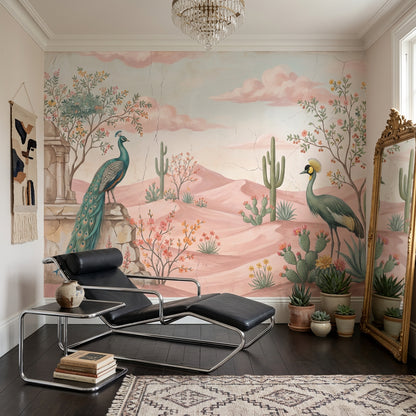 Tavus Kuşlu Çöl Manzarası Poster Duvar Kağıdı Pastel Salon