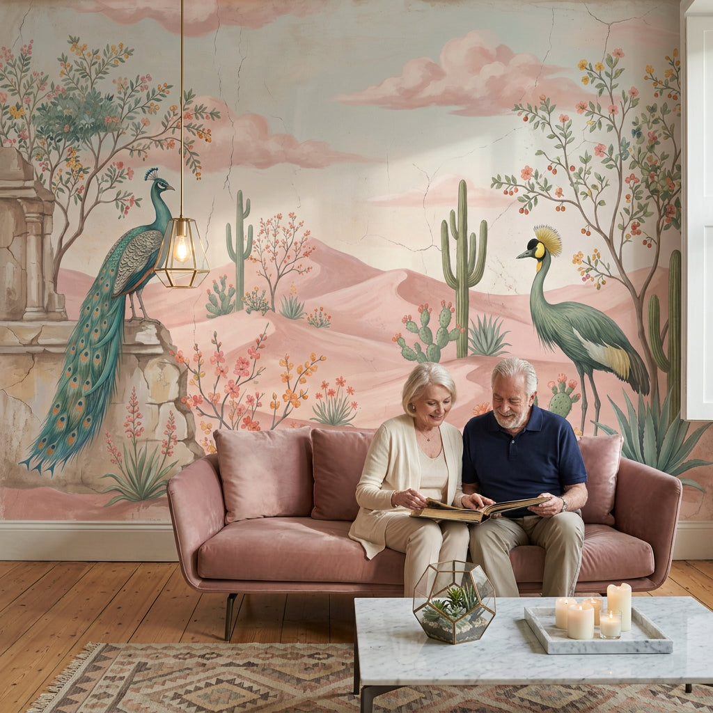 Tavus Kuşlu Çöl Manzarası Poster Duvar Kağıdı Pastel Salon