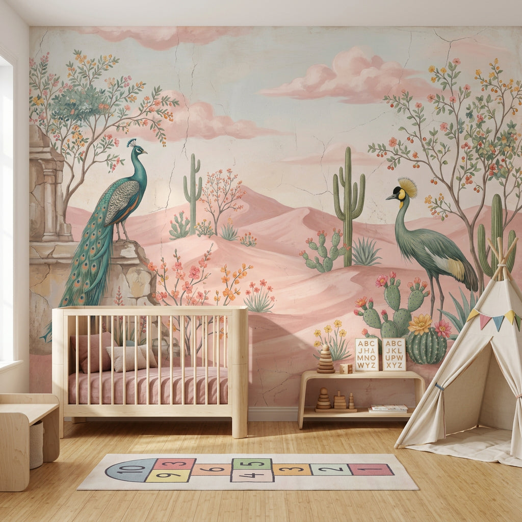 Tavus Kuşlu Çöl Manzarası Poster Duvar Kağıdı Pastel Salon