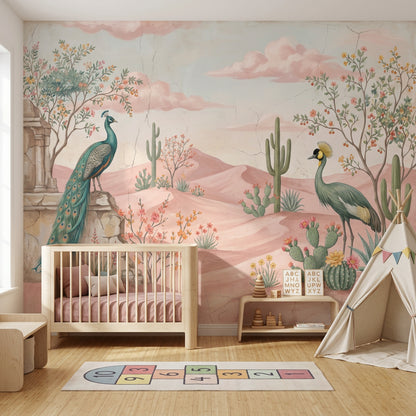 Tavus Kuşlu Çöl Manzarası Poster Duvar Kağıdı Pastel Salon