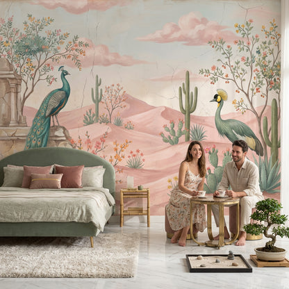 Tavus Kuşlu Çöl Manzarası Poster Duvar Kağıdı Pastel Salon