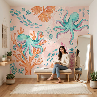 Denizaltı Ahtapotlu Poster Duvar Kağıdı Pastel Çocuk Odası