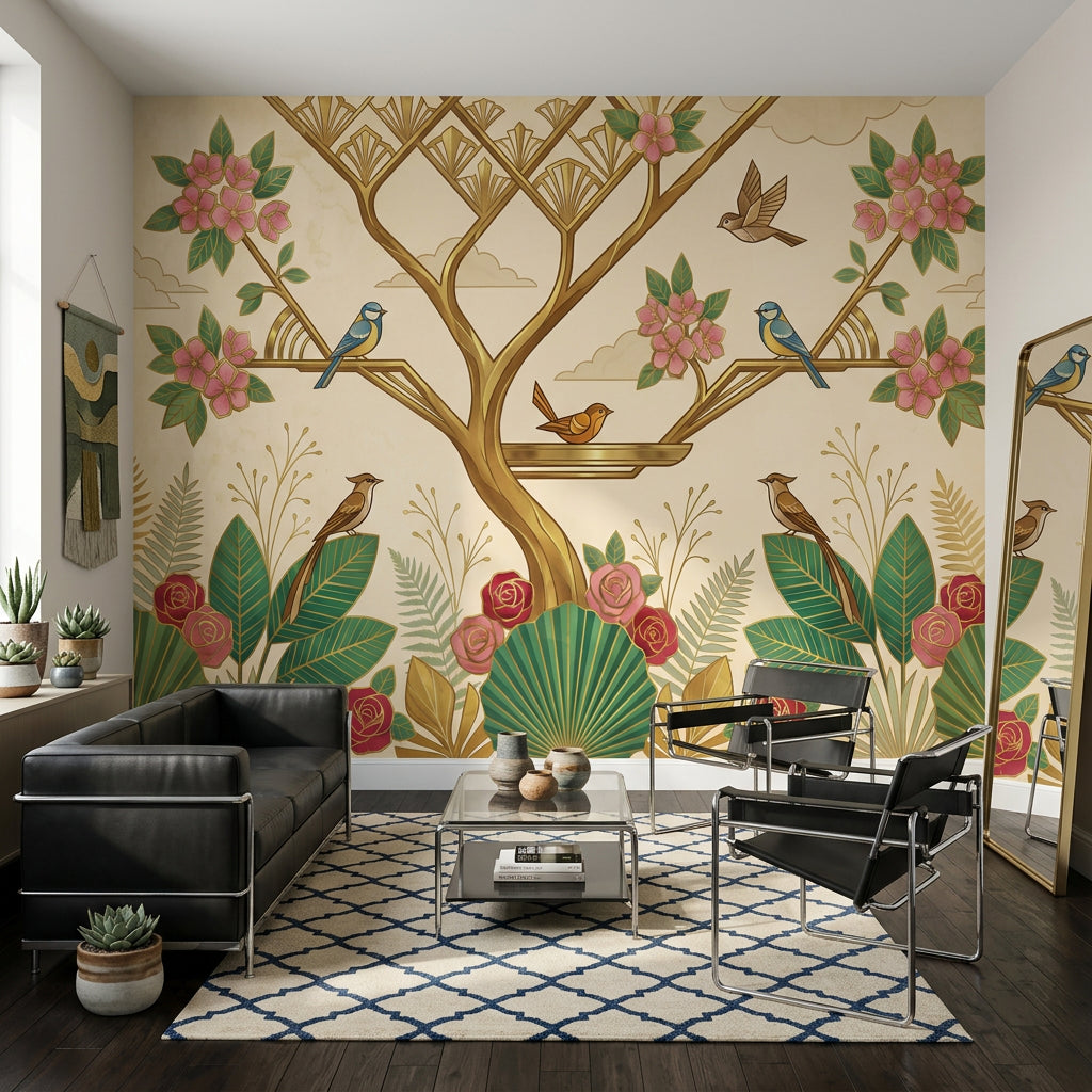 Art Deco Kuş ve Çiçekli Poster Duvar Kağıdı Salon