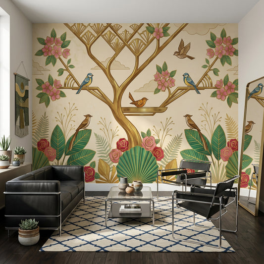 Art Deco Kuş ve Çiçekli Poster Duvar Kağıdı Salon