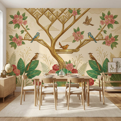Art Deco Kuş ve Çiçekli Poster Duvar Kağıdı Salon