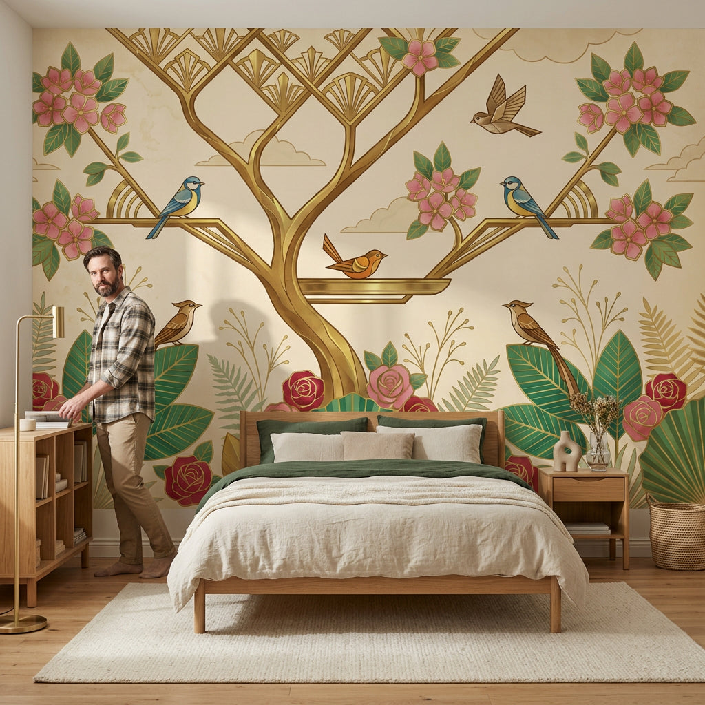 Art Deco Kuş ve Çiçekli Poster Duvar Kağıdı Salon