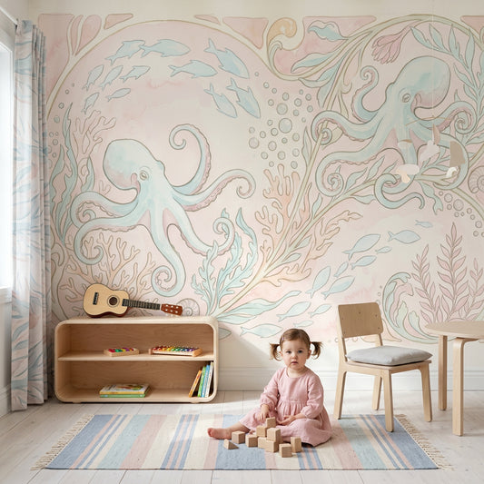 Pastel Deniz Altı Ahtapotlu Poster Duvar Kağıdı Çocuk Odası