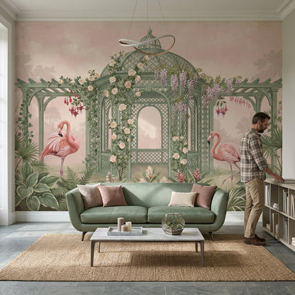 Flamingolu Bahçe Kafes Poster Duvar Kağıdı Pudra Pembe Yeşil
