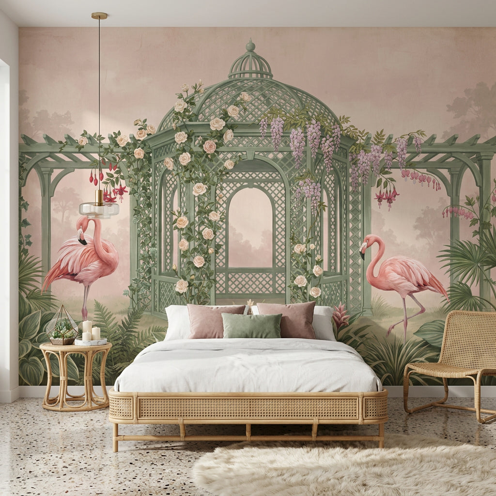 Flamingolu Bahçe Kafes Poster Duvar Kağıdı Pudra Pembe Yeşil