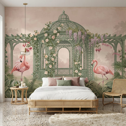 Flamingolu Bahçe Kafes Poster Duvar Kağıdı Pudra Pembe Yeşil