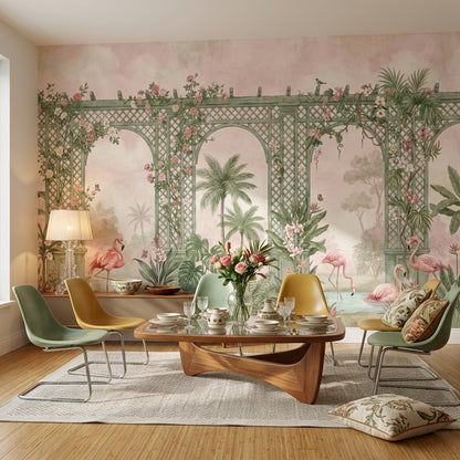 Bahçe Pergola Poster Duvar Kağıdı Pembe Çiçekli Yeşil Desenli