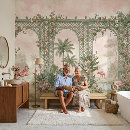Bahçe Pergola Poster Duvar Kağıdı Pembe Çiçekli Yeşil Desenli