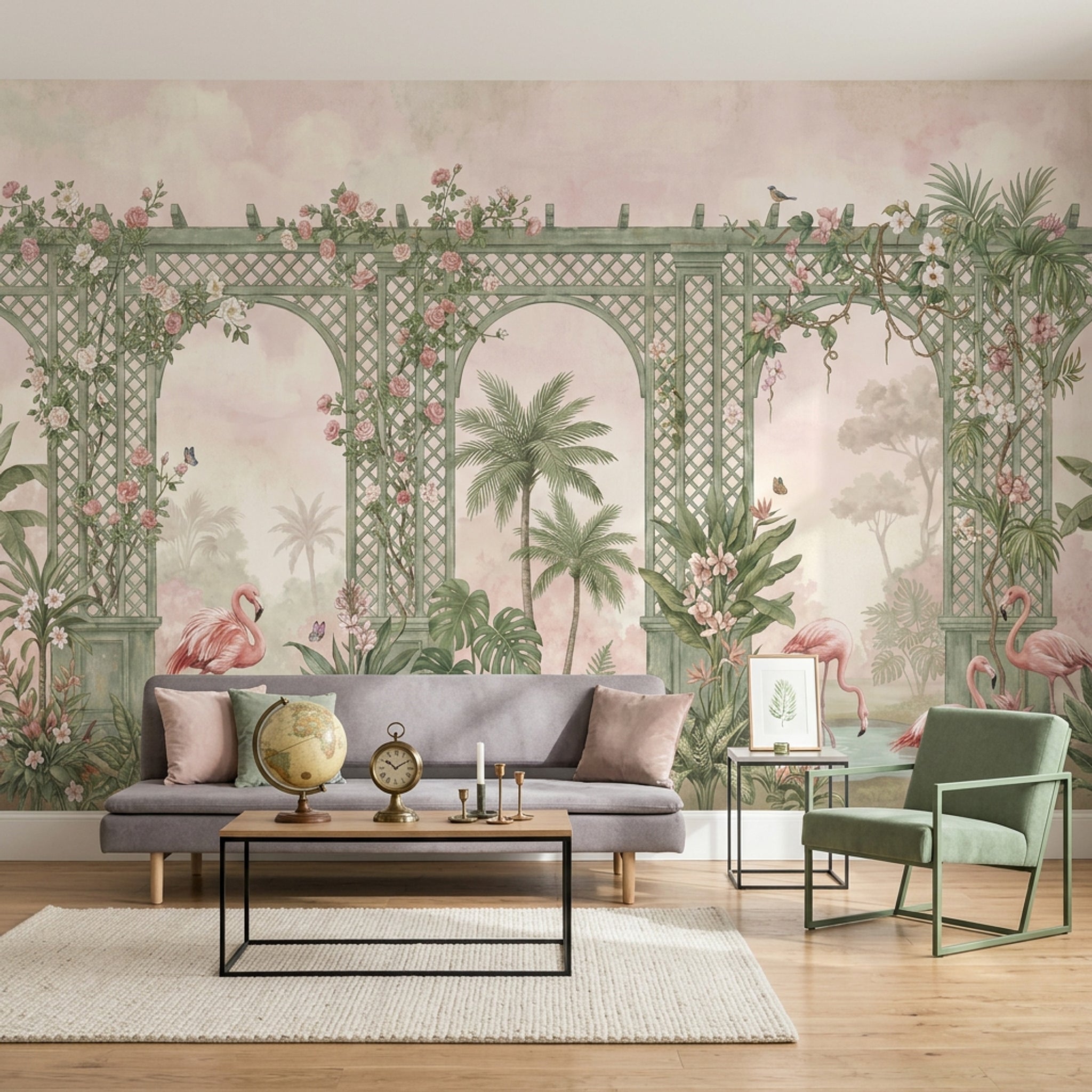 Bahçe Pergola Poster Duvar Kağıdı Pembe Çiçekli Yeşil Desenli
