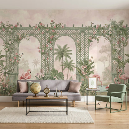 Bahçe Pergola Poster Duvar Kağıdı Pembe Çiçekli Yeşil Desenli