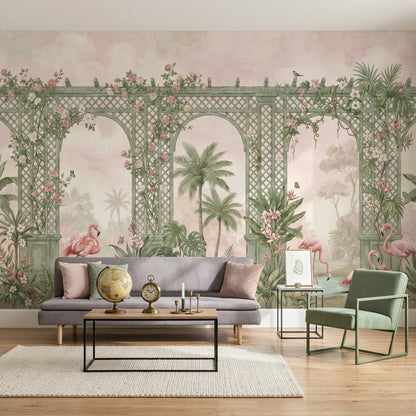 Bahçe Pergola Poster Duvar Kağıdı Pembe Çiçekli Yeşil Desenli – Hazır Ölçü Outlet