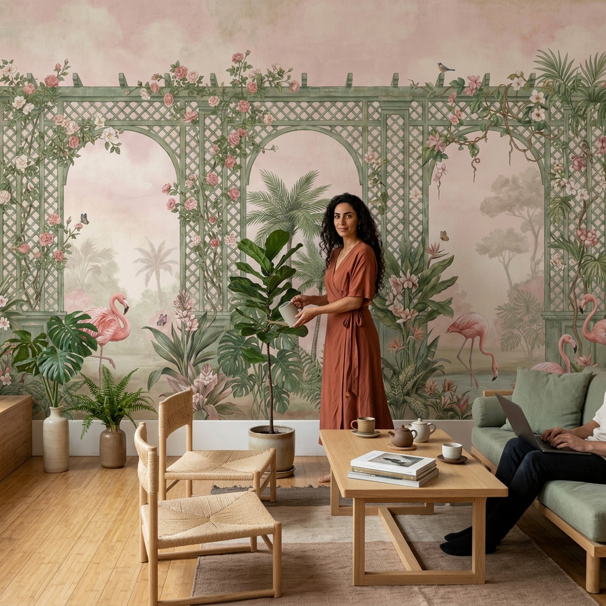 Bahçe Pergola Poster Duvar Kağıdı Pembe Çiçekli Yeşil Desenli