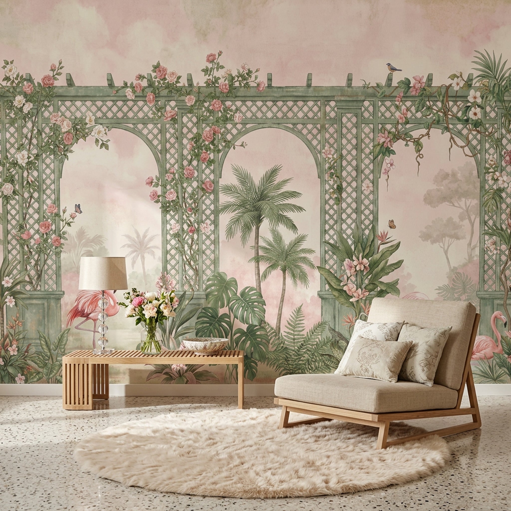 Bahçe Pergola Poster Duvar Kağıdı Pembe Çiçekli Yeşil Desenli