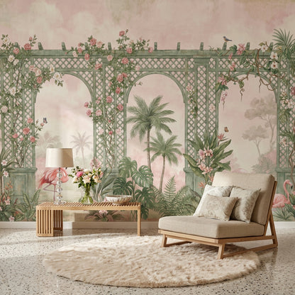Bahçe Pergola Poster Duvar Kağıdı Pembe Çiçekli Yeşil Desenli