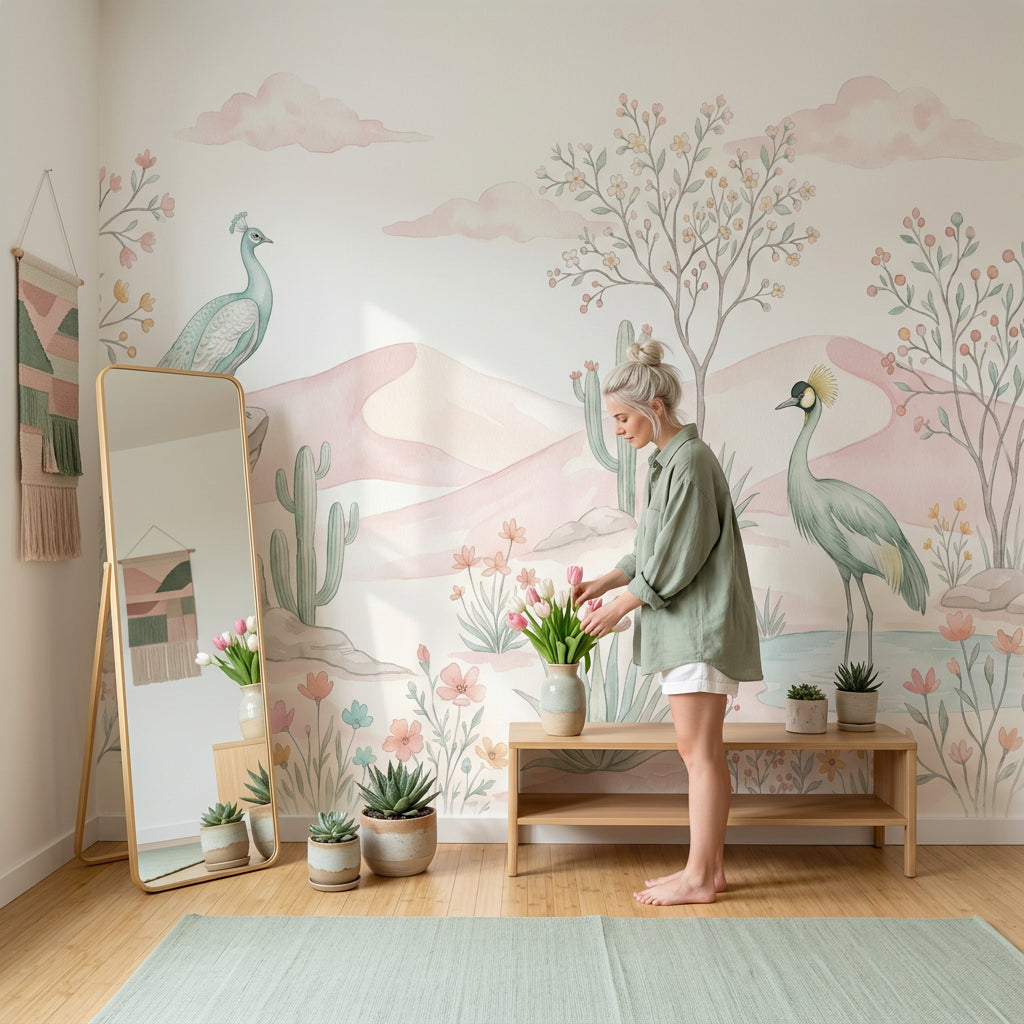 Tavus Kuşlu Poster Duvar Kağıdı Pastel Çöl Manzarası