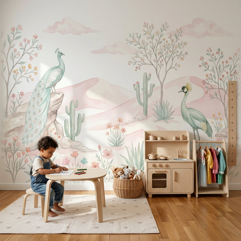 Tavus Kuşlu Poster Duvar Kağıdı Pastel Çöl Manzarası
