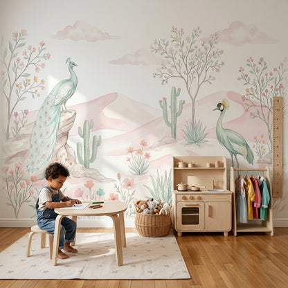 Tavus Kuşlu Poster Duvar Kağıdı Pastel Çöl Manzarası