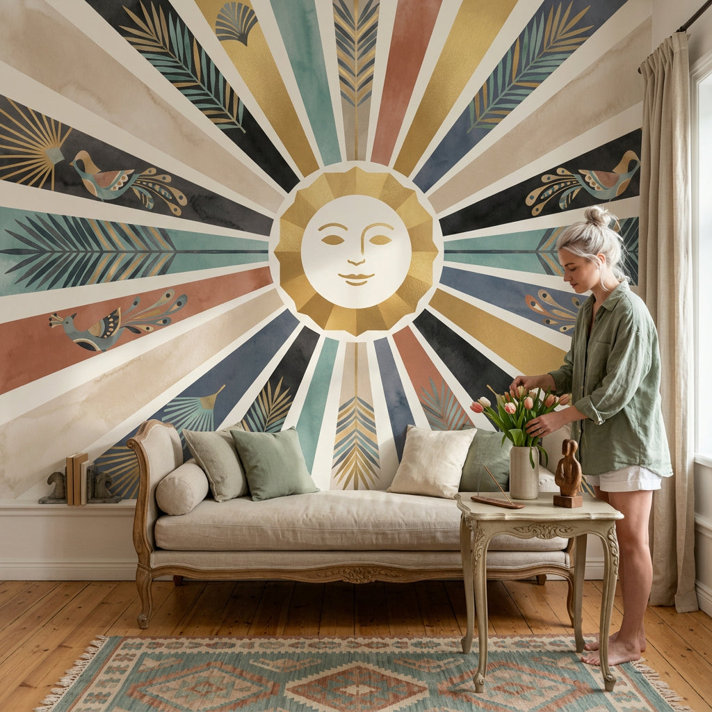Güneş Işıması Poster Duvar Kağıdı Art Deco Kuşlu