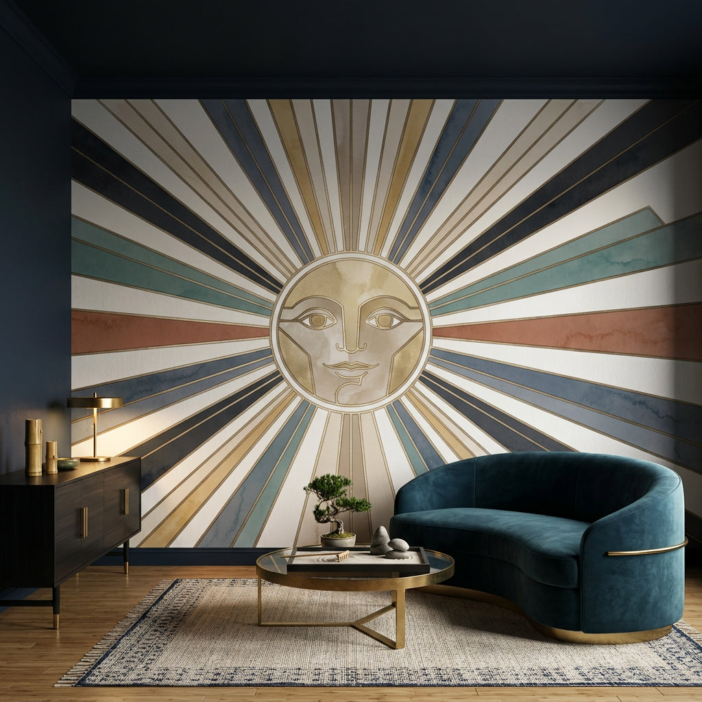 Güneş Motifli Poster Duvar Kağıdı Art Deco Çizgili Salon