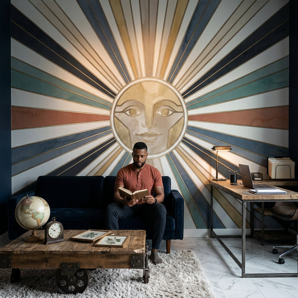 Güneş Motifli Poster Duvar Kağıdı Art Deco Çizgili Salon