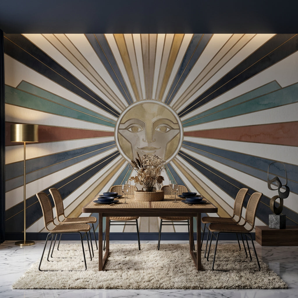 Güneş Motifli Poster Duvar Kağıdı Art Deco Çizgili Salon