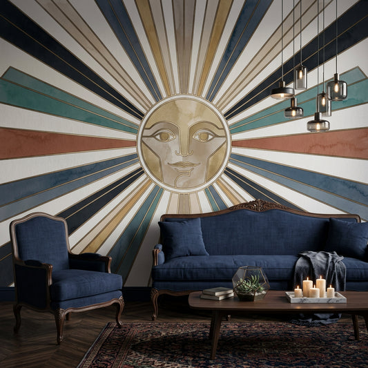 Güneş Motifli Poster Duvar Kağıdı Art Deco Çizgili Salon