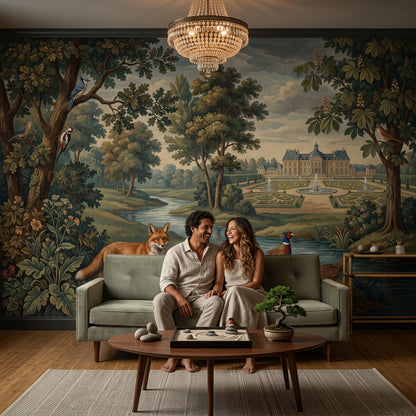 Orman ve Saray Manzaralı Poster Duvar Kağıdı Koyu Yeşil Salon