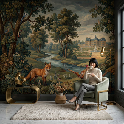 Orman ve Saray Manzaralı Poster Duvar Kağıdı Koyu Yeşil Salon